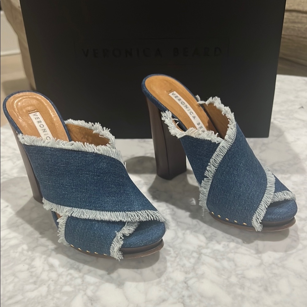 Veronica Beard Holt ChambrayFrayed Denim Mules. Block Heel 7.5